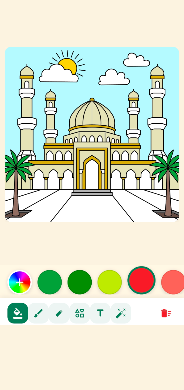 Grand mosque with palm trees, colored in