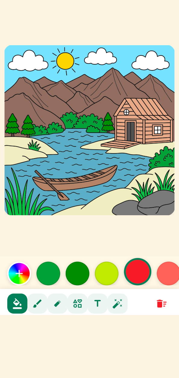 Lakeside cabin nature scene, colored in