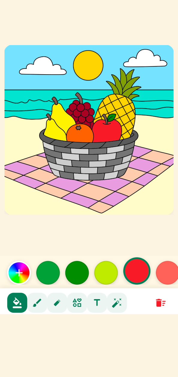 Fruit basket coloring page, colored in