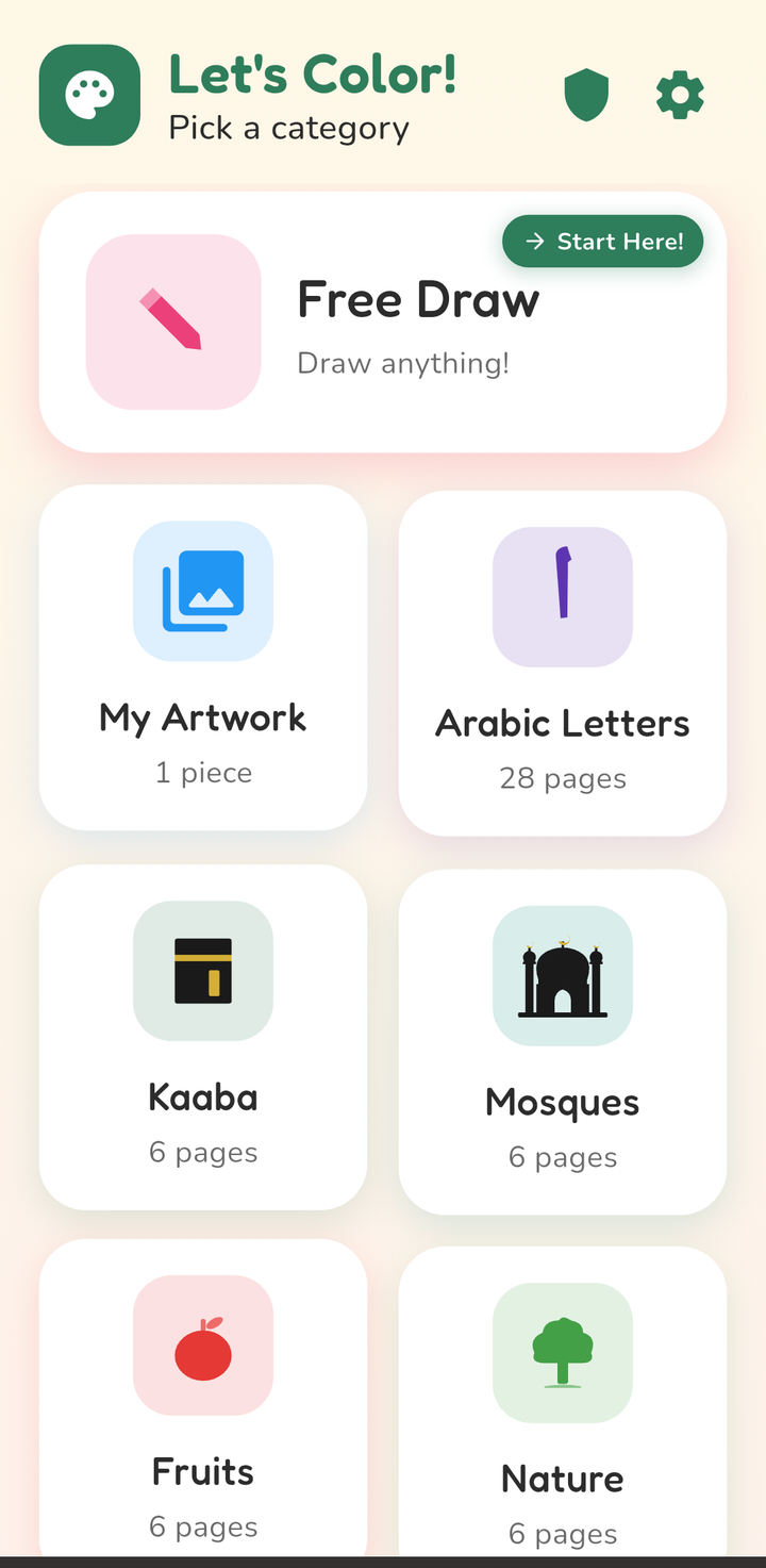 Category picker screen with Free Draw, Kaaba, Mosques, and more