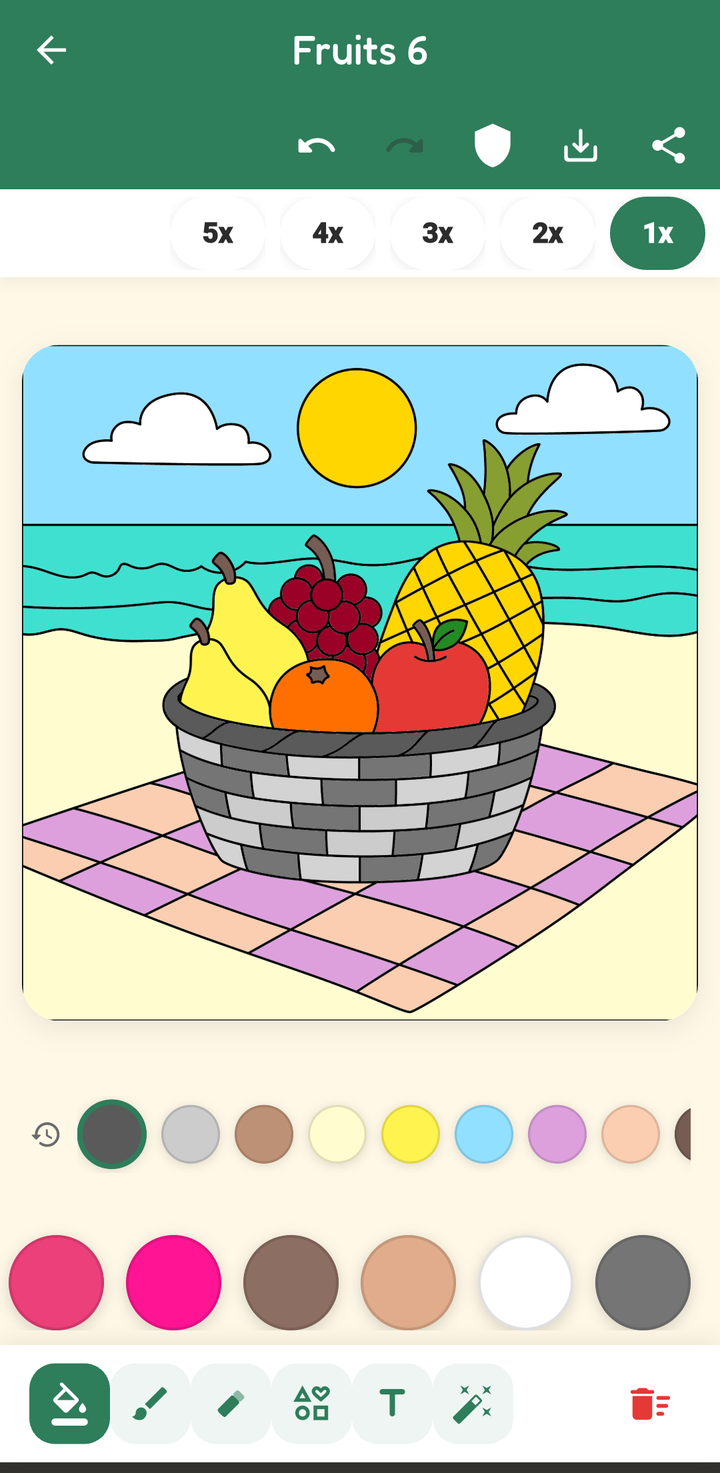 A fruit basket coloring page, fully colored in